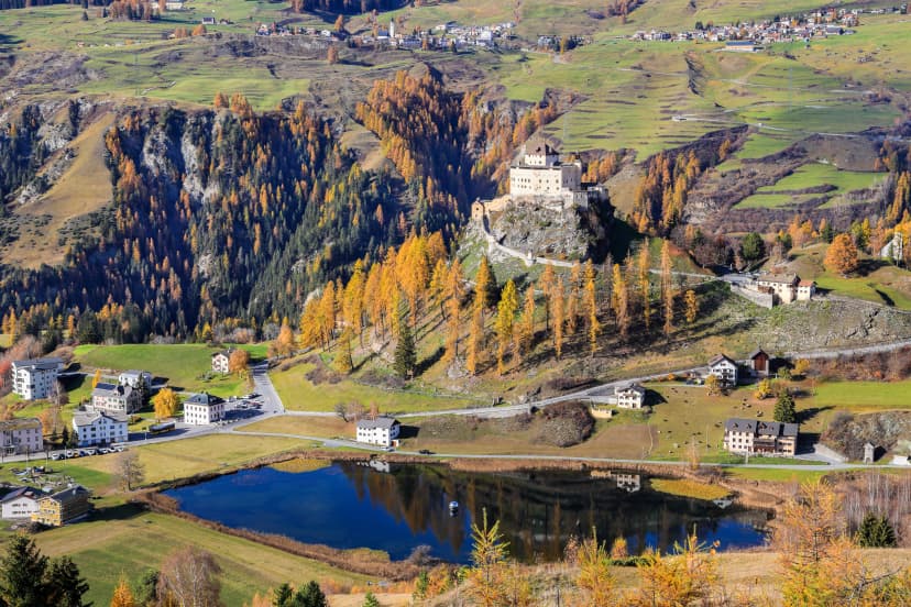 High view of the Tarasp Castle in autumn, Scuol, Switzerland