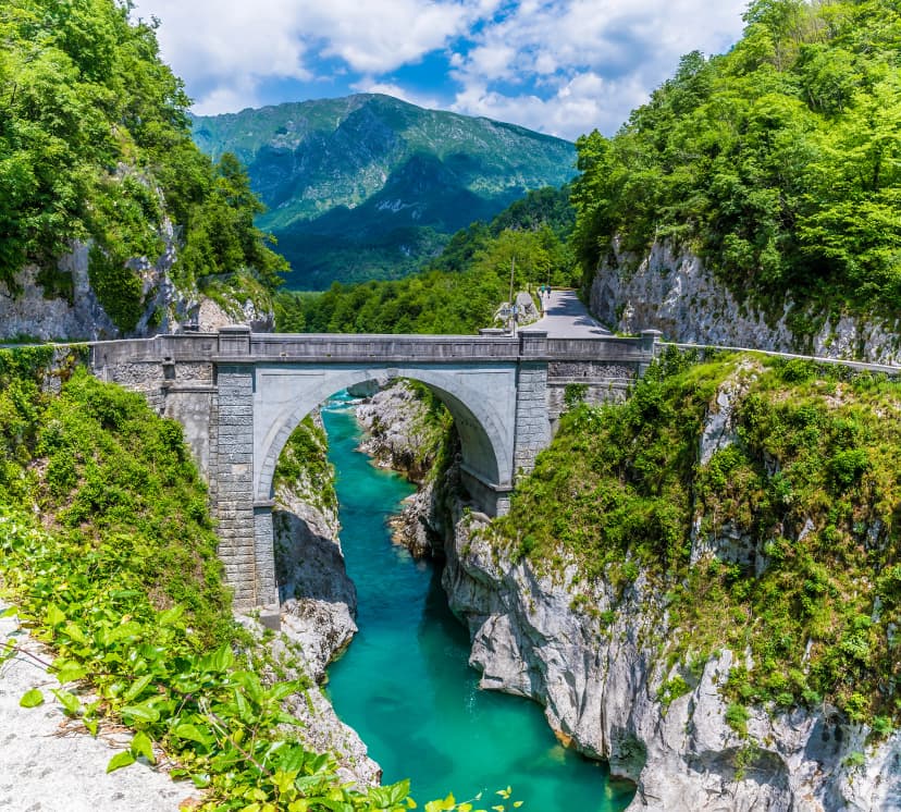 A view towards the Napoleon Bridge over the Soca river in Slovenia in summertime