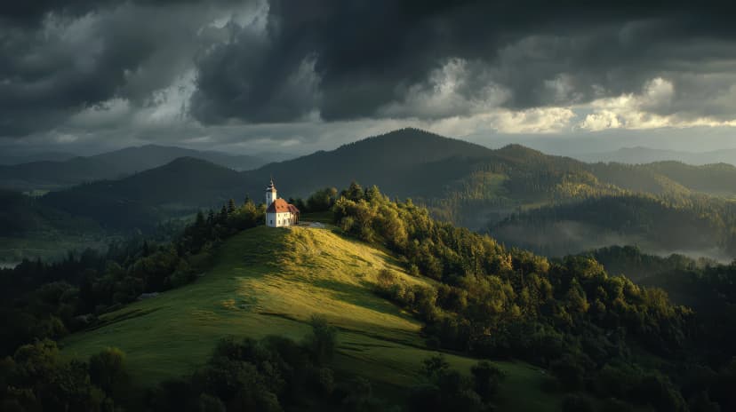 Church on Hilltop Under Dramatic Sky, Slovenia Landscape, St. Thomas Church