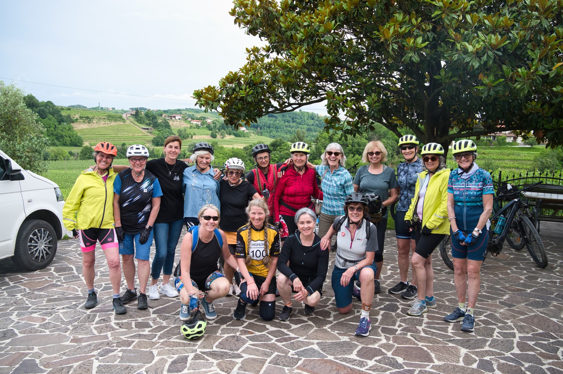 Group of cyclists with helmets posing outdoors with vineyards and Julian Alps in the background.