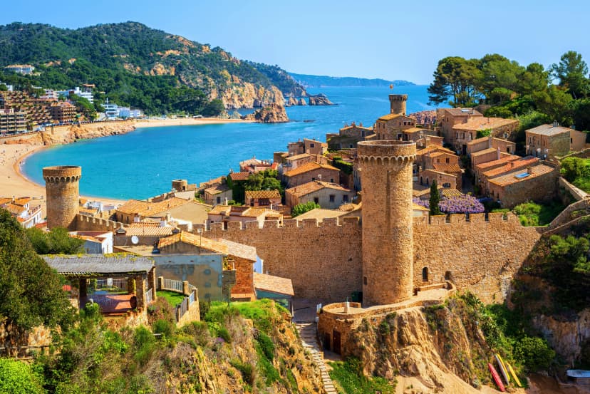 Tossa de Mar, sand beach and Old Town walls, Catalonia, Spain