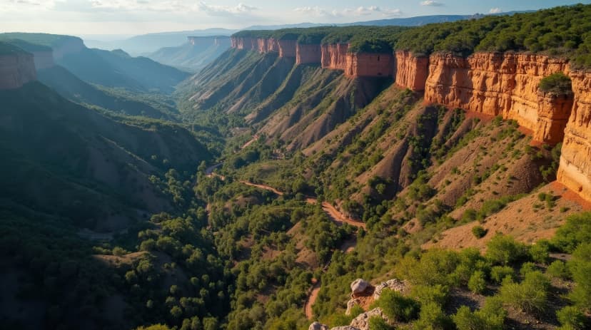 Garrotxa Volcanic Zone under bright midday sun viewed from above.