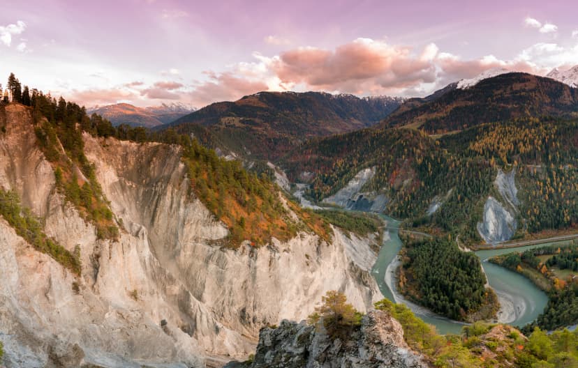 sunset over the Ruinaulta Gorge in the Rhine Valley of Switzerland on a late autumn day