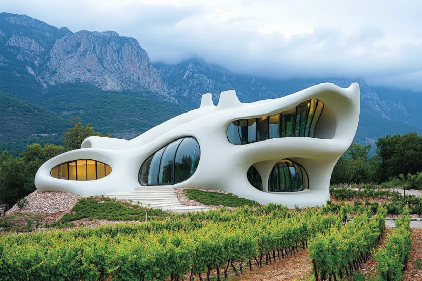 A coastal wine estate in Ysios with its modern architecture surrounded by vineyards