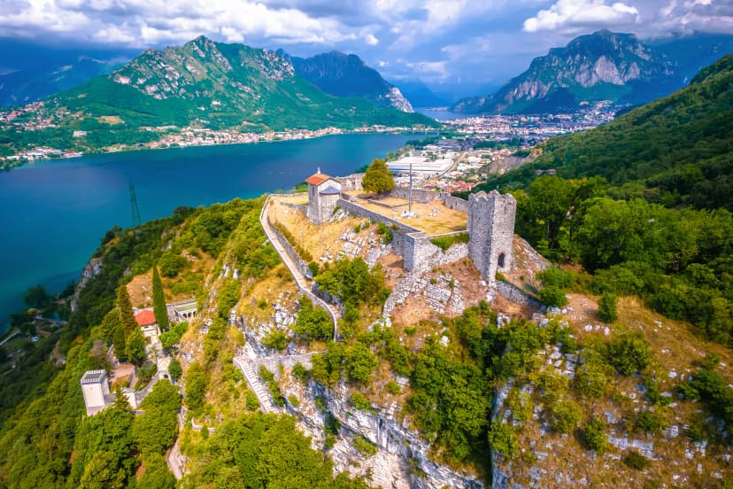 The Castle of the Unnamed (Castello dell’Innominato) above Vercurago, Lecco on Como Lake aerial view