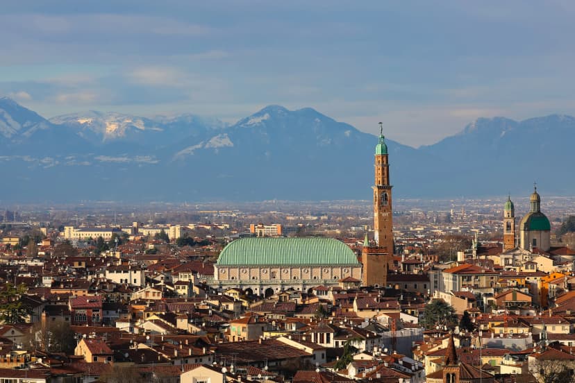 monument called BASILICA PALLADIANA in Vicenza city in Italy seen from above