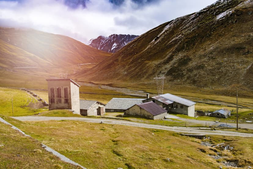 Sacrario militare dello Stelvio at Passo dello Stelvio in Italy ,curvy road through mountains on Ortler Alps, Italy.