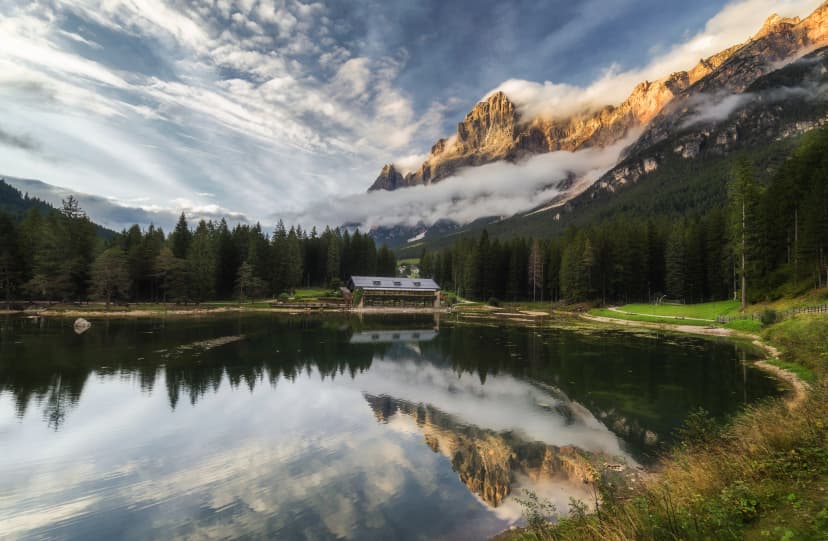 Lake San Vito di Cadore (lake Mosigo) in Boite valley in the domain of Mount Antelao also called King of the Dolomites. Italian Dolomites Alps Scenery, Italy, Europe.