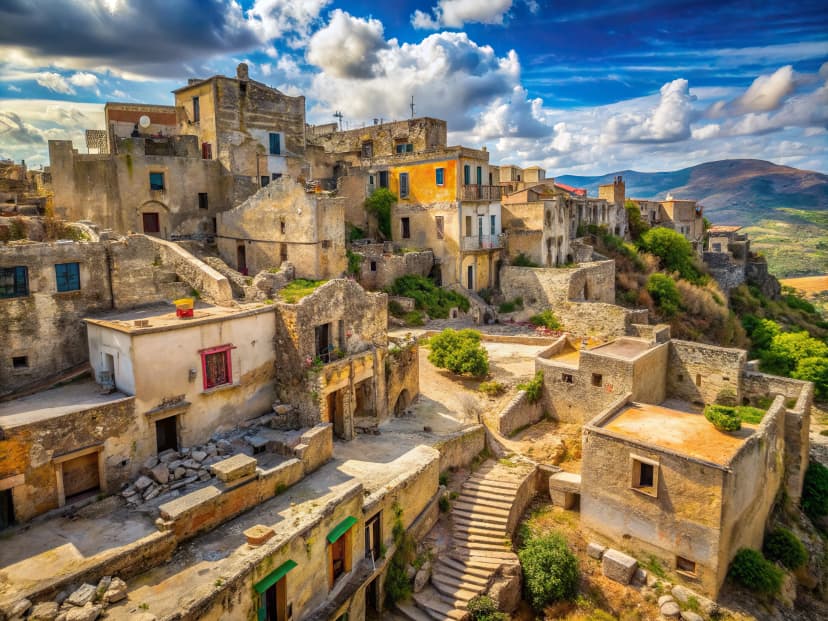 Abandoned village of Gibellina in Sicily transformed into monumental landscape artwork, concrete cracks and ruins revitalized as a stunning work of modern art.
