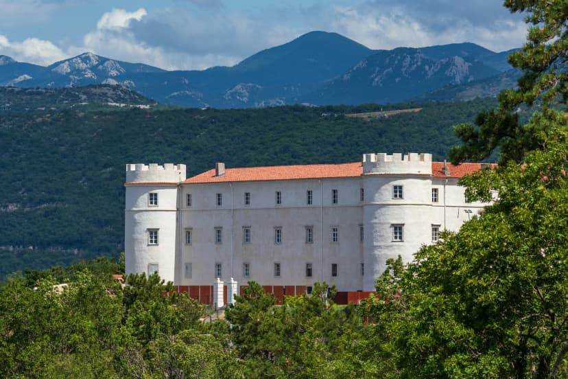 Beautiful Frankopan castle under Velebit mountains in Kraljevica, Croatia