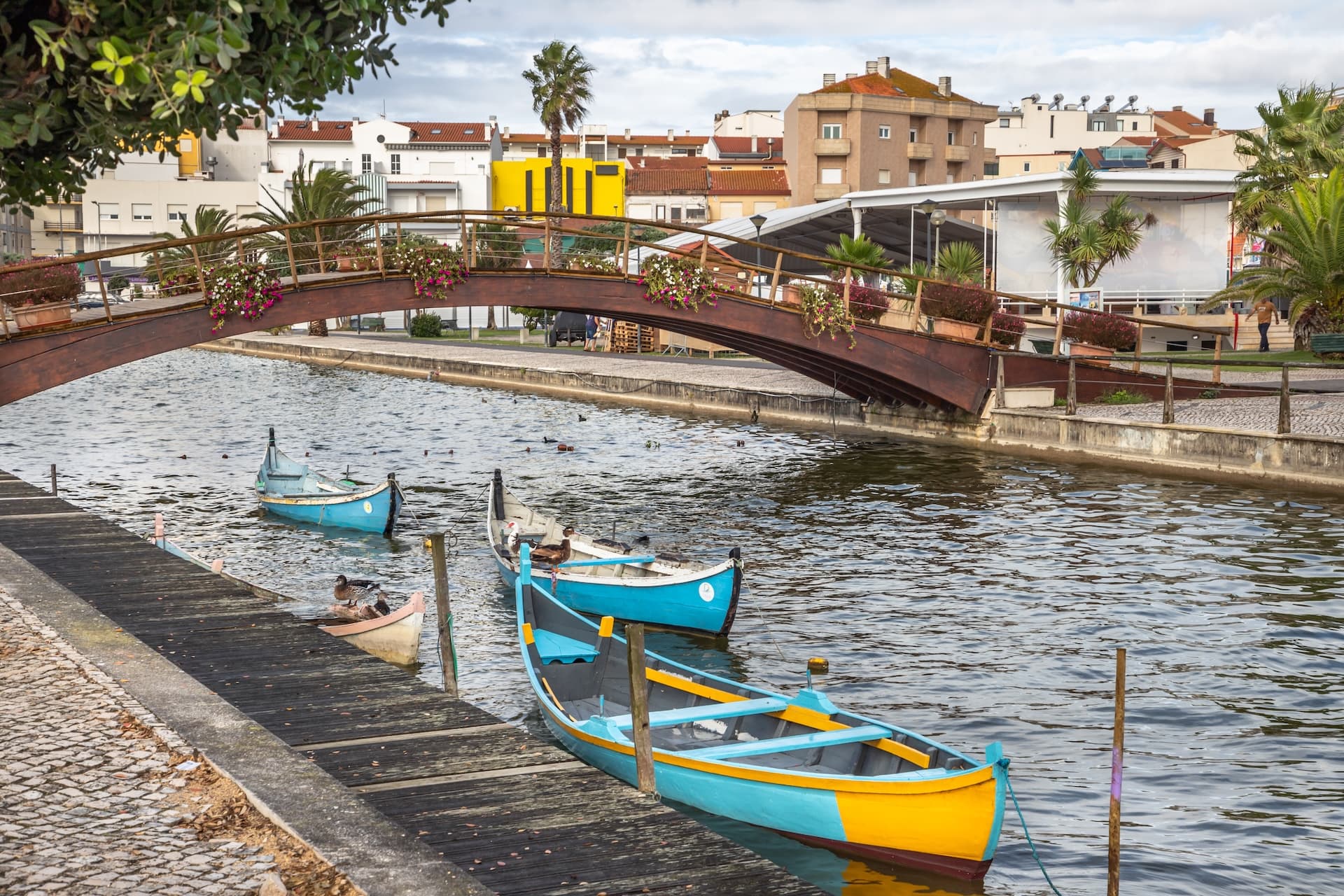 Colorful wooden boats moored on canal under arched bridge in Praia de Mira, Portugal.