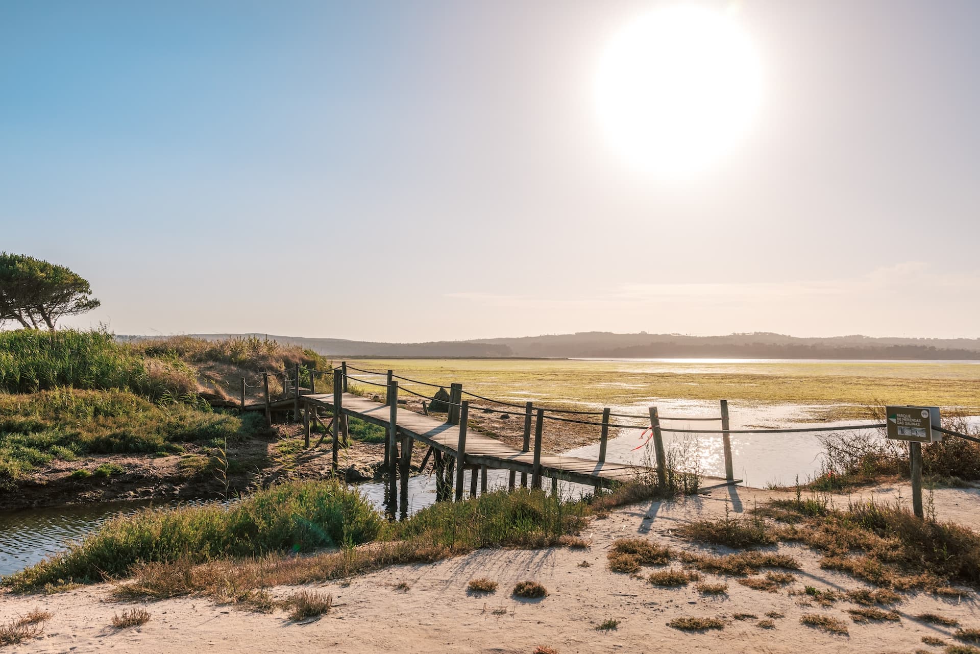 Wooden boardwalk over water leading to marshland under bright sun at Obidos Lagoon.