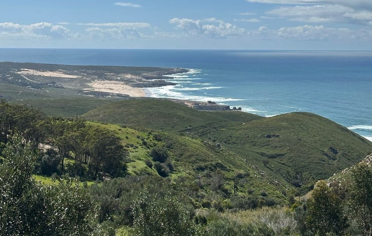 Forested hills overlooking a rugged coastline and blue ocean near Sintra, Portugal.