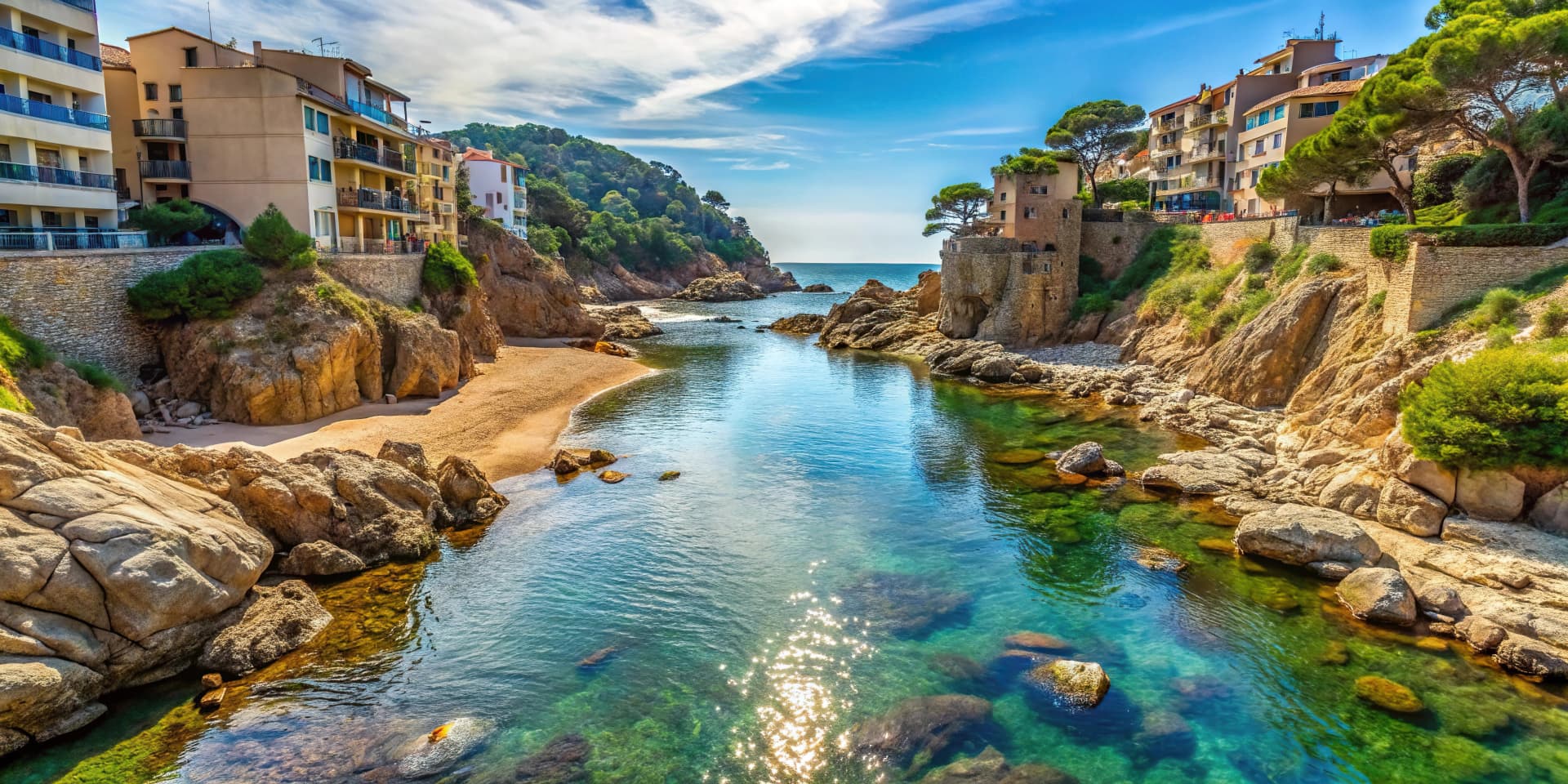 Peaceful medium shot of the creek under the beautiful round bridge in Tossa de Mar, Spain