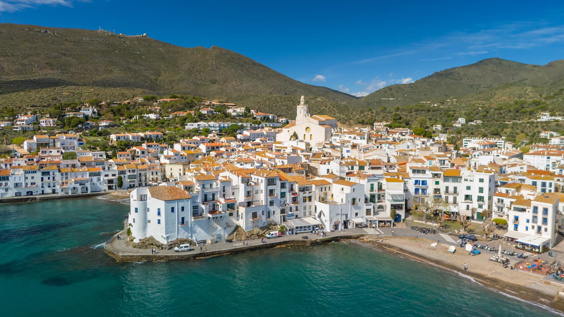 Aerial view of picturesque town of Cadaques on the Costa Brava Catalonia, Spain