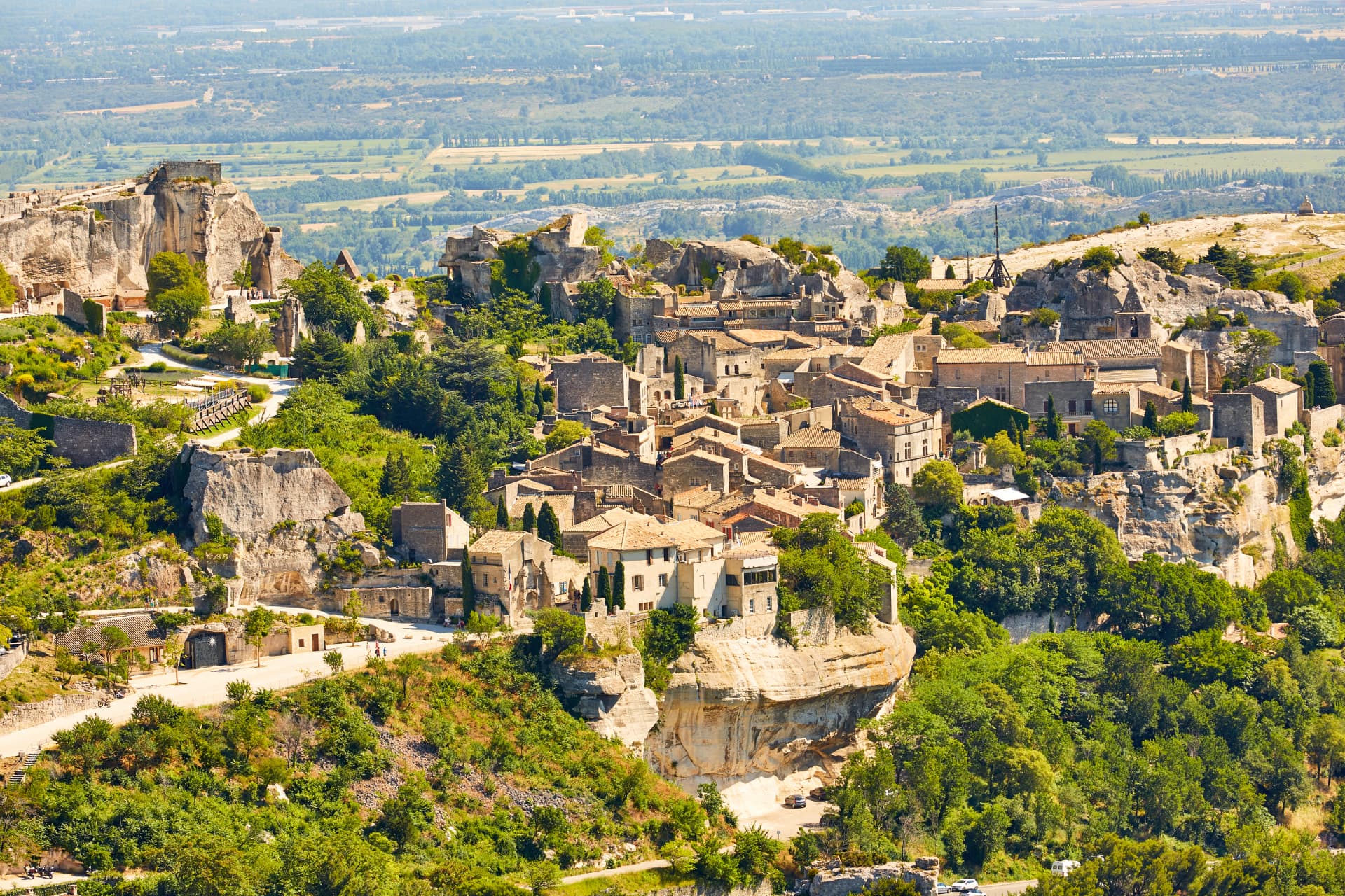 Provencal village Les Baux de Provence and view of Sarragan stones