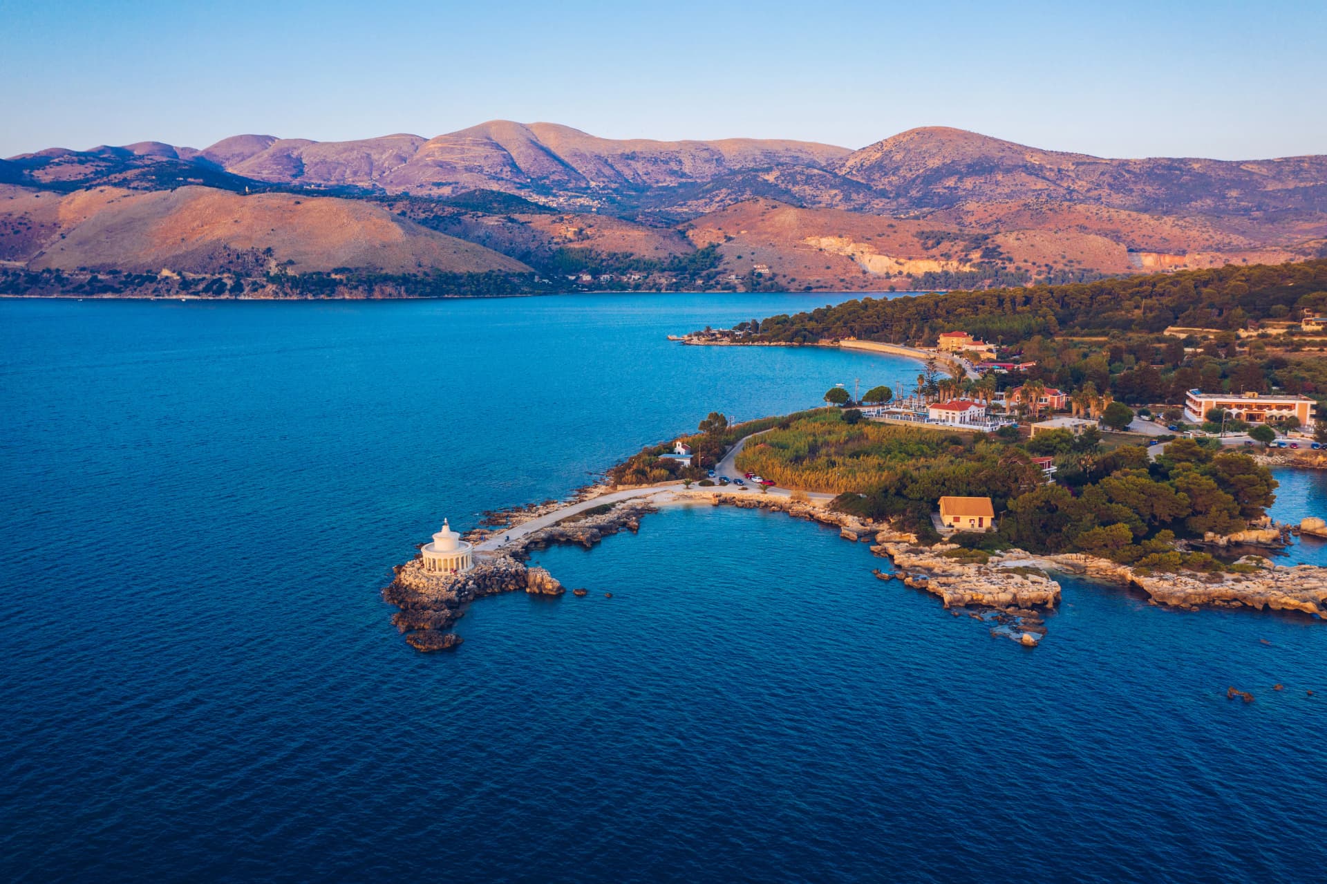 Aerial view of Lighthouse of Saint Theodore in Lassi, Argostoli, Kefalonia island in Greece. Saint Theodore lighthouse in Kefalonia island, Argostoli town, Greece, Europe.