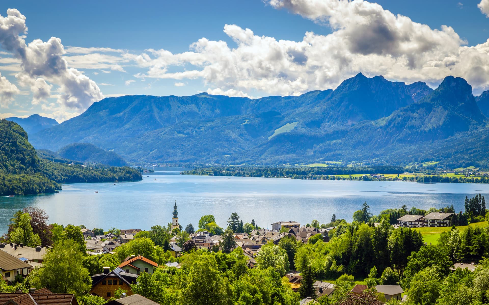 Aerial view on Wolfgangsee lake, Salzkammergut, Austria, Europe