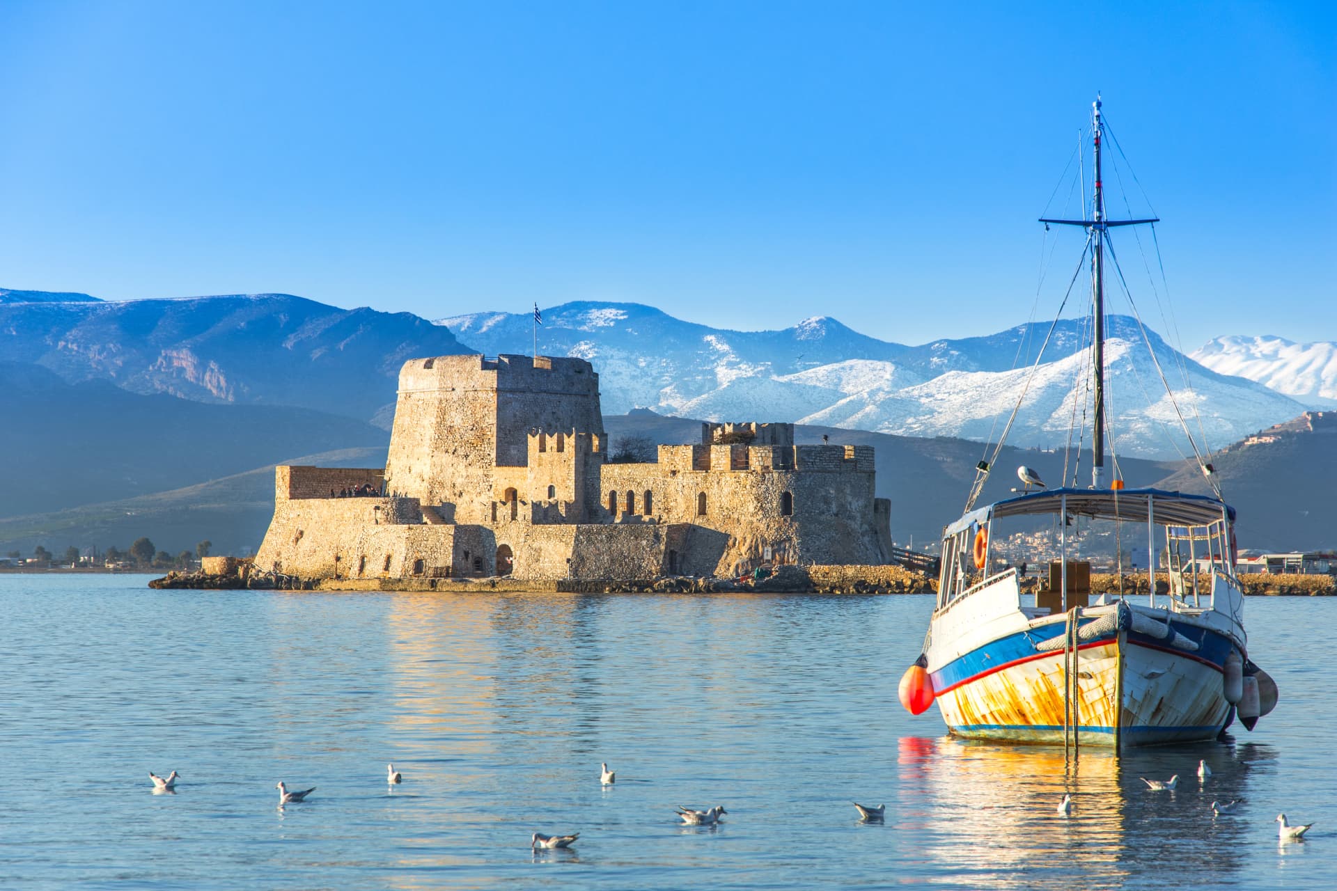 The Bourtzi water castle is a small island with a fortress at the coast of Nafplio in Greece