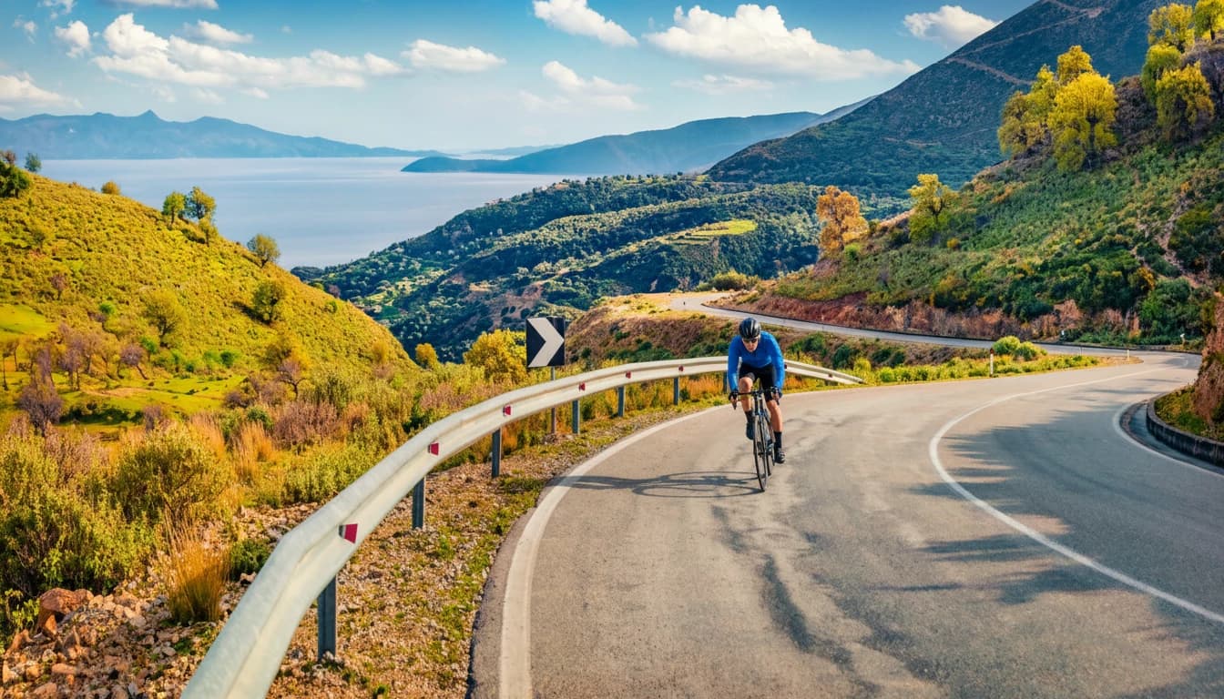 Typical Albanian view of Adriatic shore with empty asphalt road. Picturesque summer day in Albania, Europe. Traveling concept background.