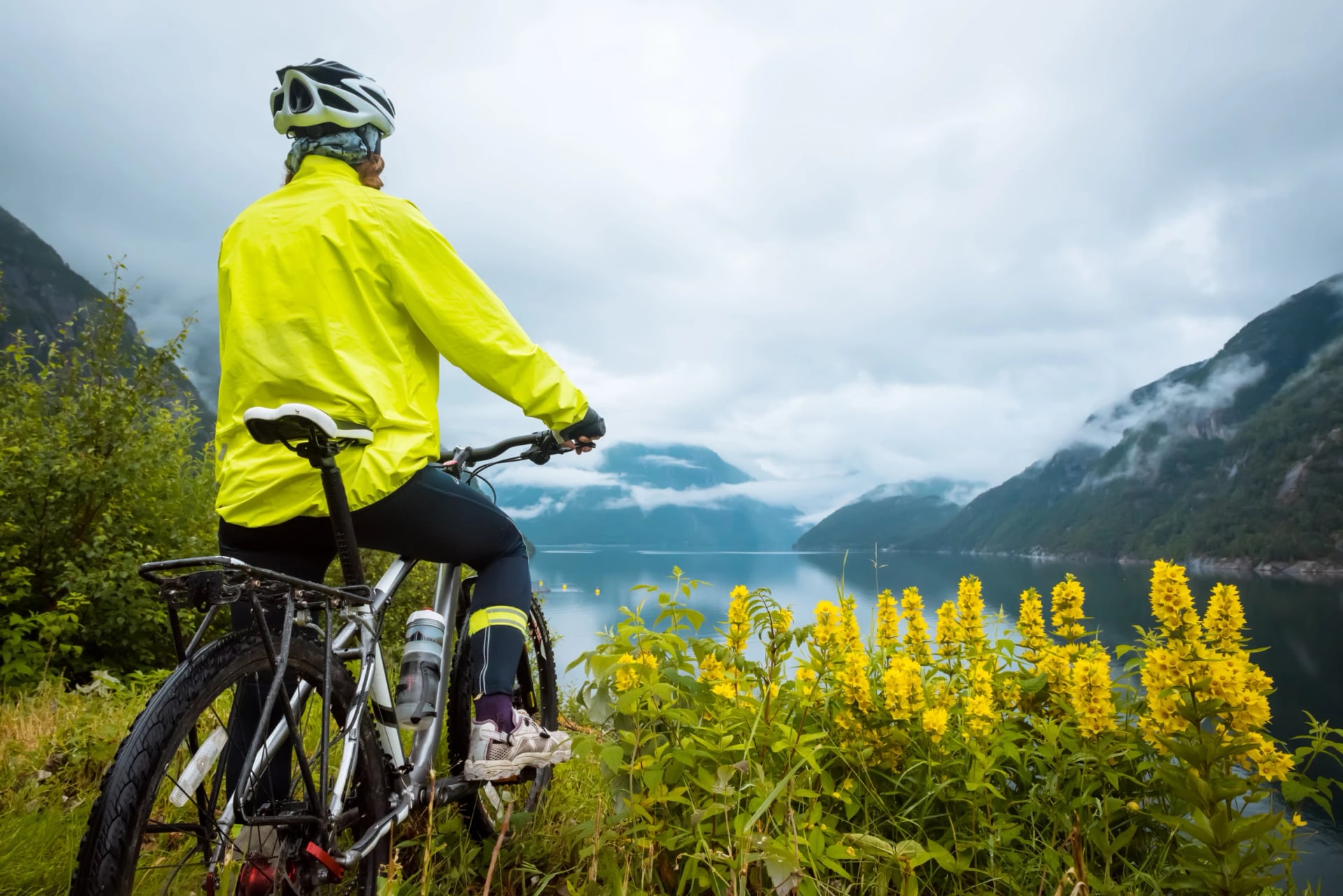 Mountain bike cyclist near fjord, Norway