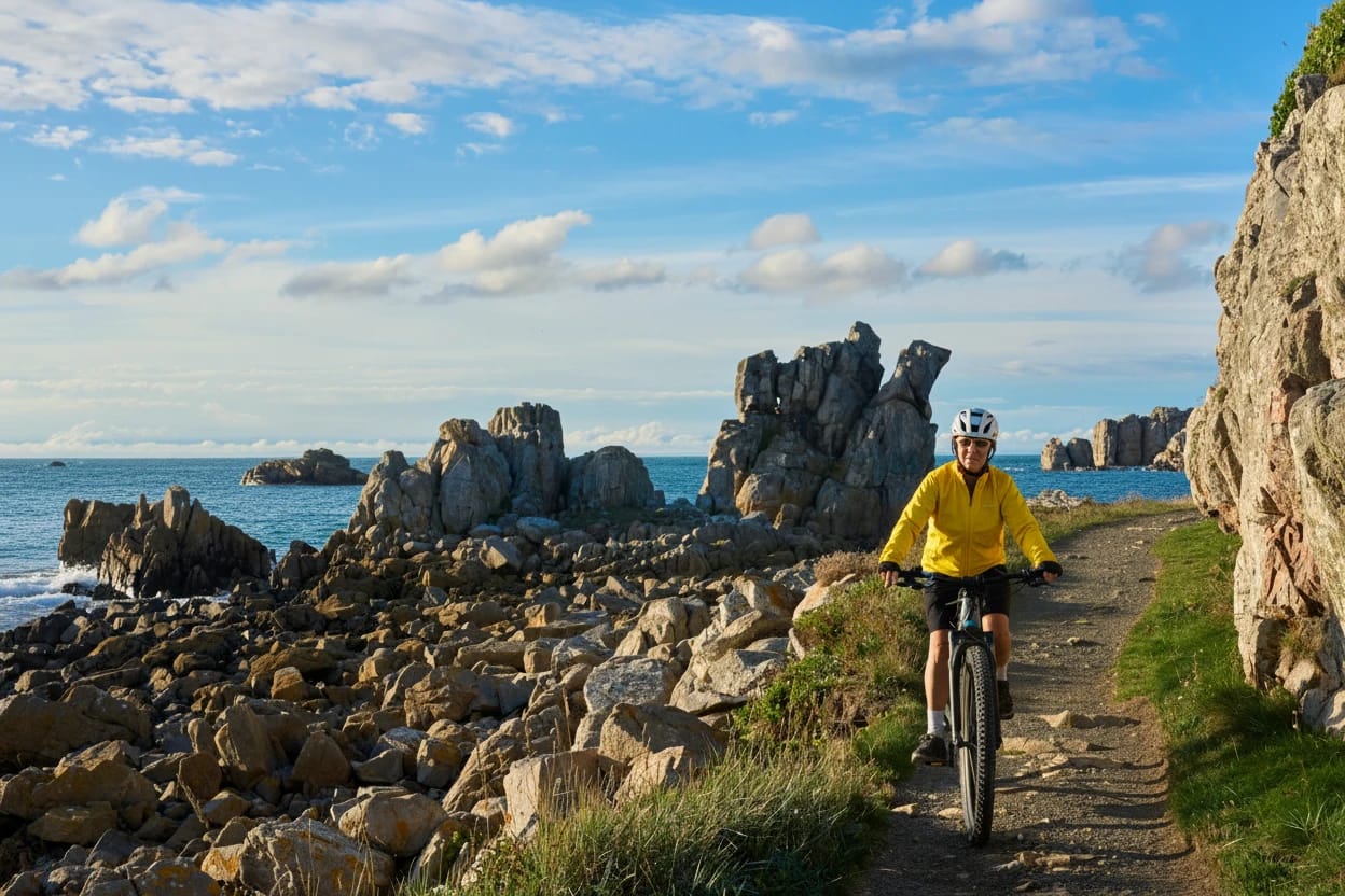 nice senior woman cycling with her electric mountain bike at the rocky rose granite coast of Le Gouffre de Plougrescant, Brittany, France
