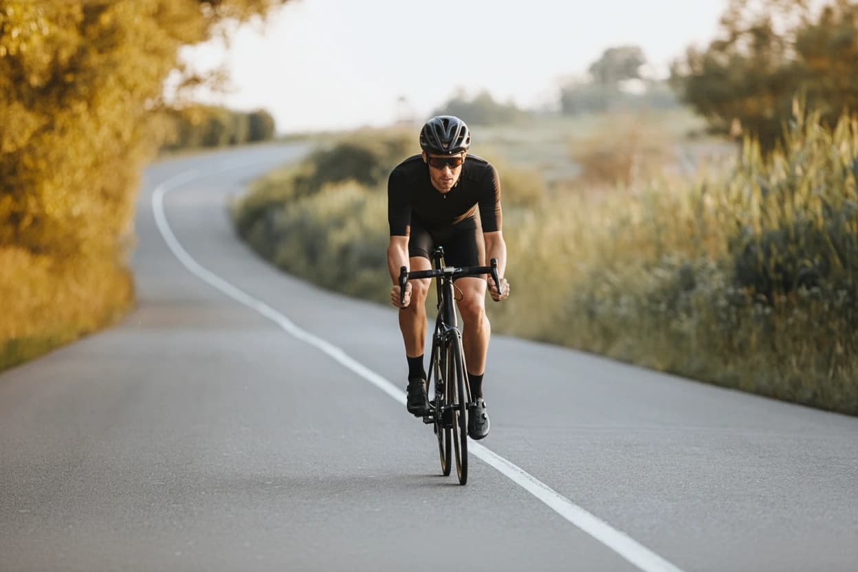 Professional male cyclist in black helmet, protective glasses and activewear dynamically riding bicycle on paved road with blur background. Concept of summer activity and healthy lifestyle