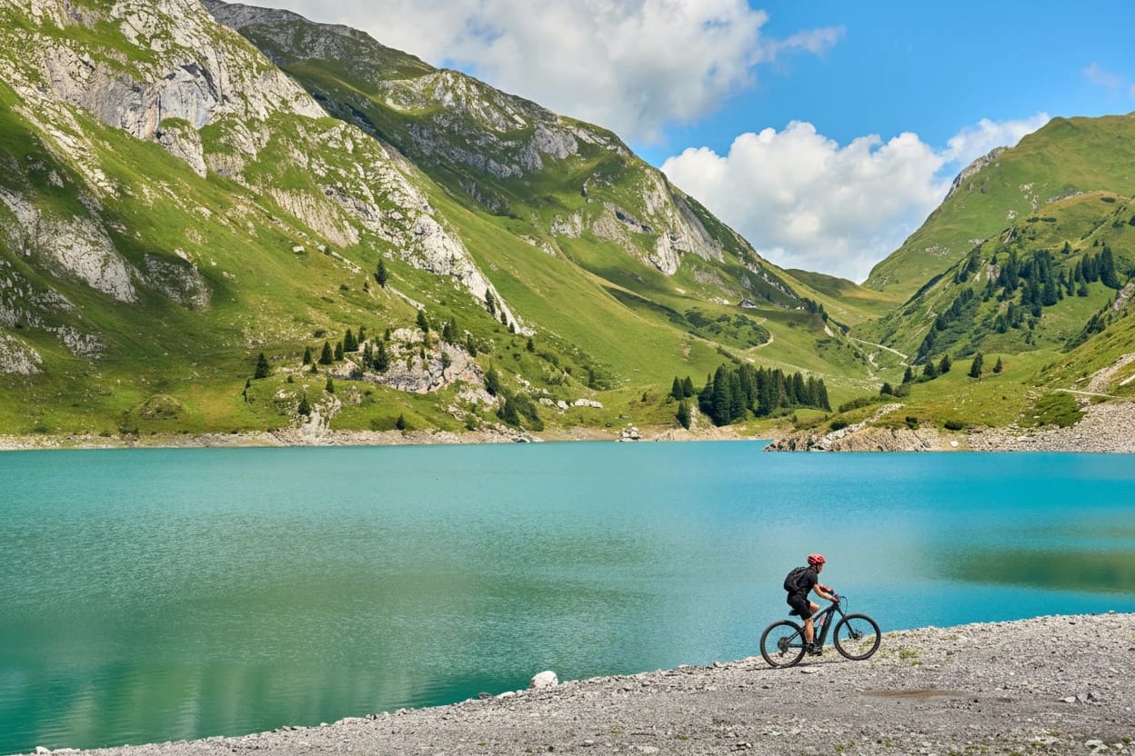 active senior woman, riding her electric mountain bike at Spuller Lake in the Arlberg area near the famous village of Lech, Tirol, Austrian Alps