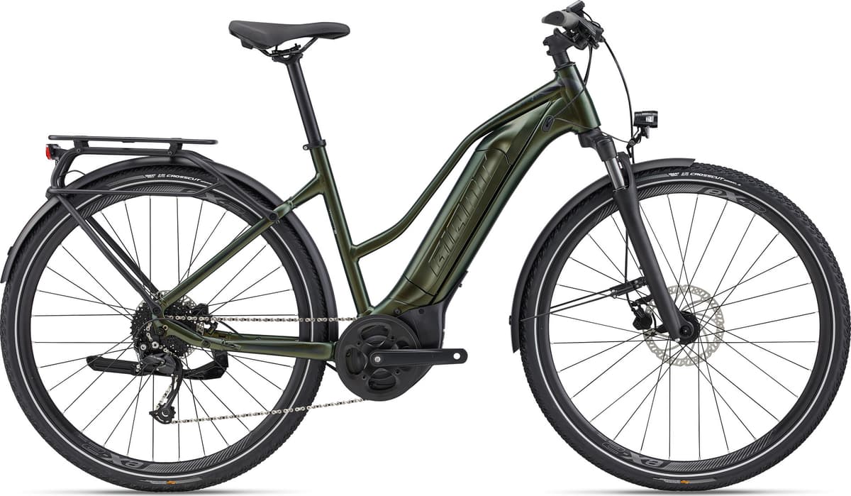 Dark green Giant electric commuter bike with a rear rack, fenders, and disc brakes.