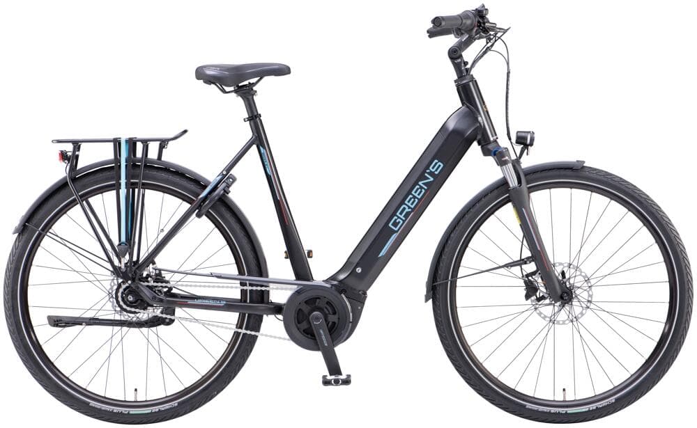 Black Green's electric city bike with a rear rack and step-through frame.