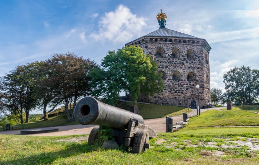 Stone Fortification building Skansen Krona exterior Wall and Golden Crown near Haga residential area, Gothenburg sweden.