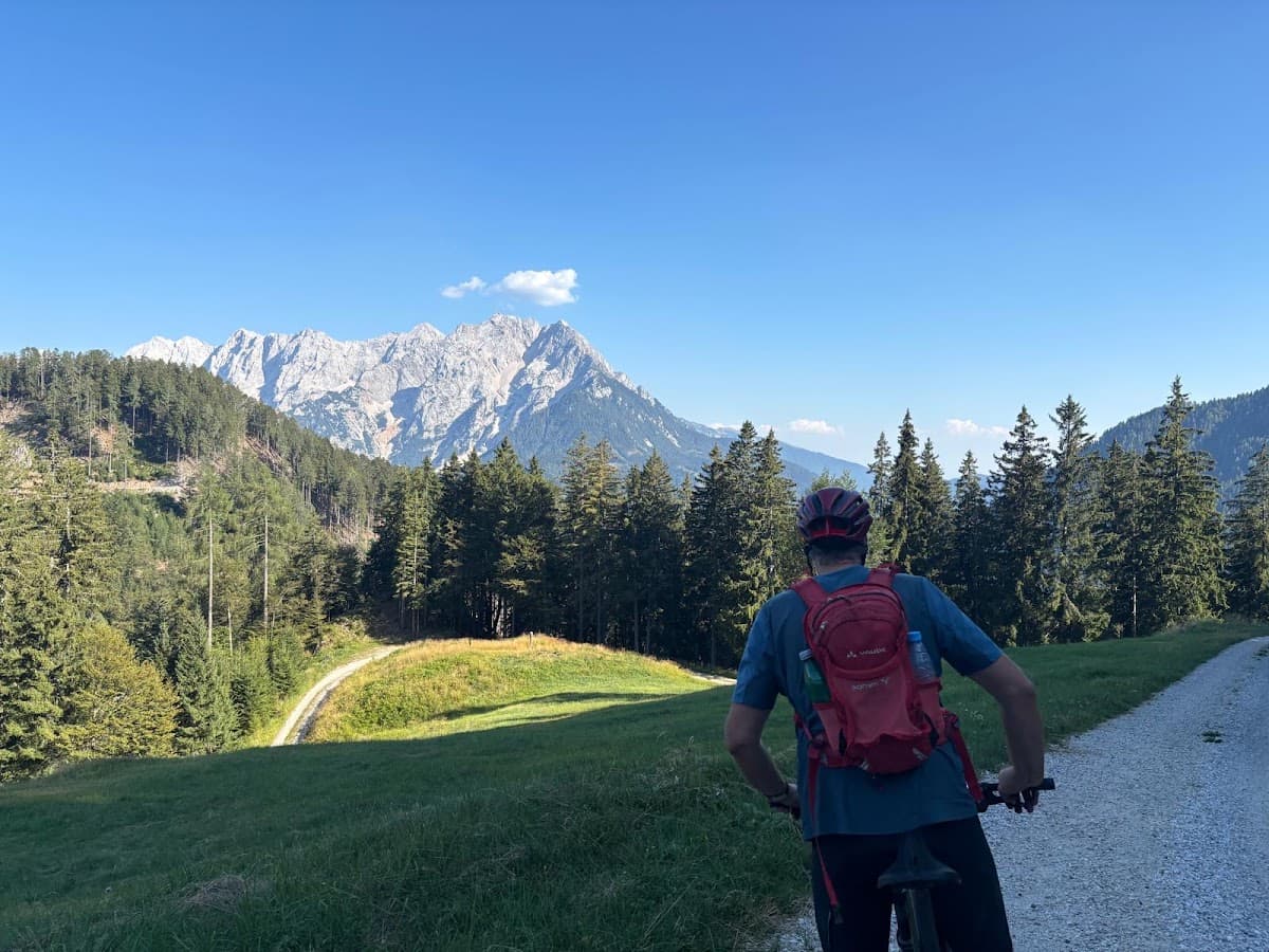 Cyclist on mountain gravel path viewing alpine peaks and forest