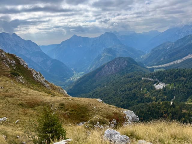 Alpine mountain valley view with forested slopes and cloudy sky